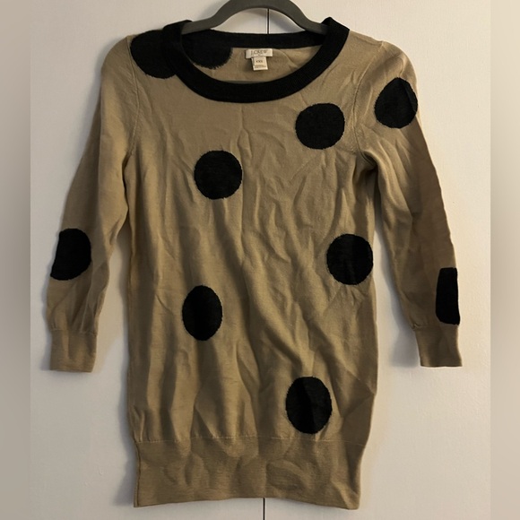 Women’s J.Crew Polka Dot Crew Neck Pullover Sweater Size XXS Camel w/ Black Dots - Picture 2 of 4